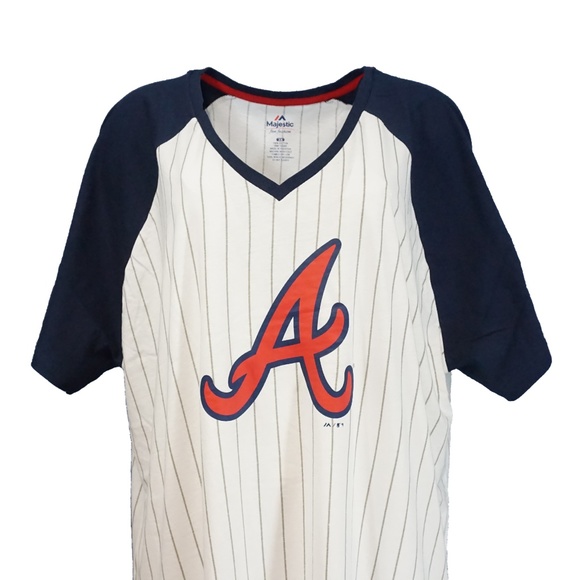 Atlanta Braves MLB Pinstripe Raglan V Neck T-Shirt - Picture 1 of 6